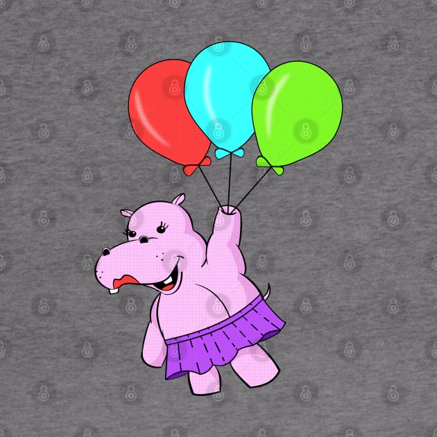 Cute Cartoon Hippo Flying With Balloons by Braznyc